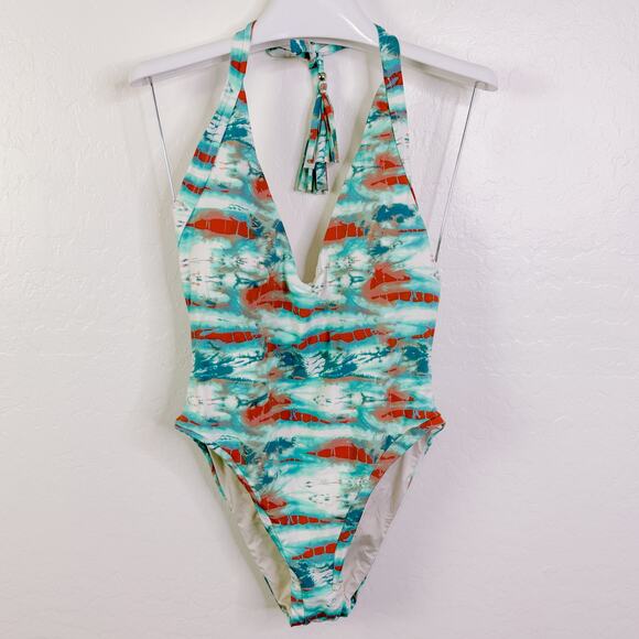 Isabella Rose Tie Dye High Leg Halter One Piece Swimsuit Turquoise Large NWT - Picture 2 of 12